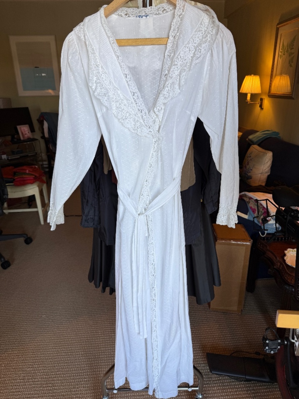 Vintage 80's  D. Porthault White Swiss Dot Lace Cotton Robe